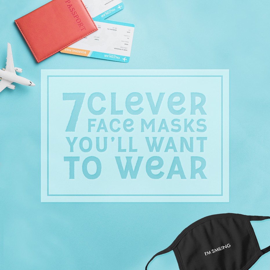 Blue background with a black facemask that says "I'm Smiling" and white text above it stating "7 Face Masks You'll Want to Wear"