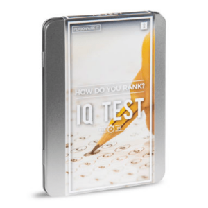 silver tin with an image of a pencil and the phrase "IQ Test" on the front.