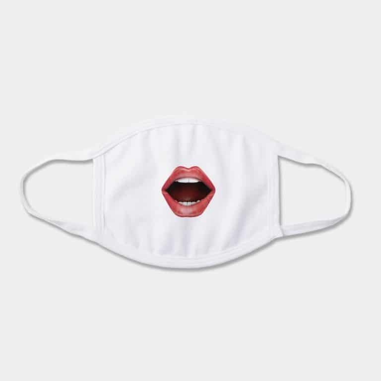 White face mask with lips printed on the front, opened in shock and surprise