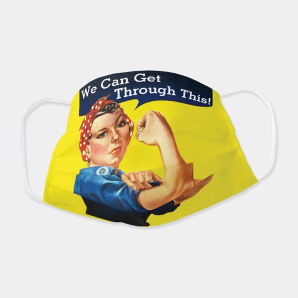 Yellow face mask with the famous "Rosie the Riveter" graphic on the front