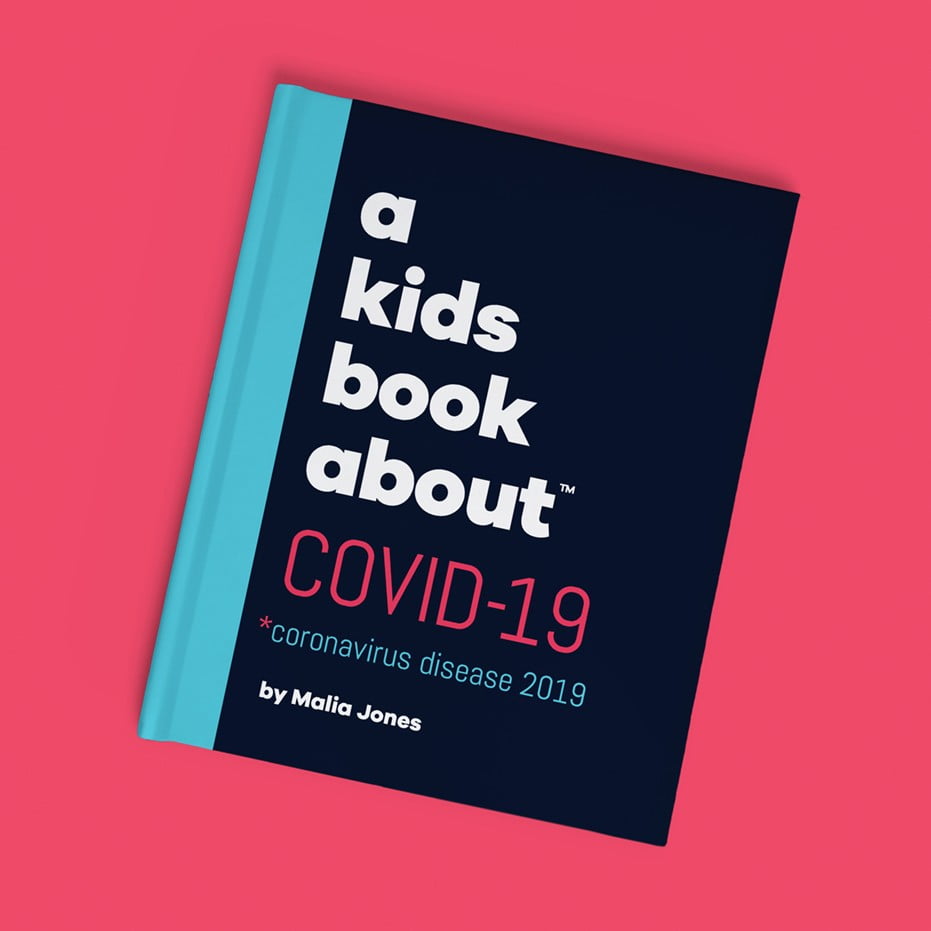 Red background with a blue and black book stating "A Kids Book about Covid-19" in large white letters. 